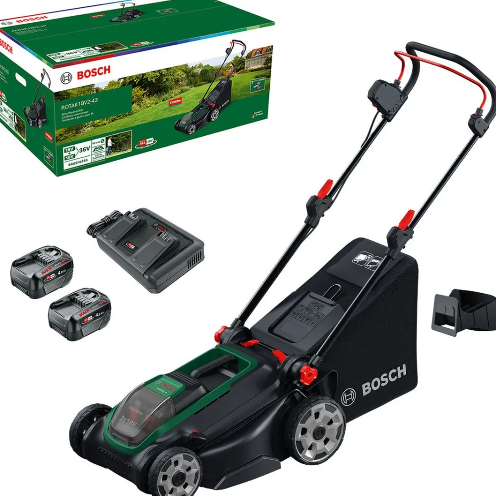 Discount Akkuruohonleikkuri Bosch Rotak 18V2-43 2x18V 2x4,0 Ah akuilla Akkuruohonleikkurit