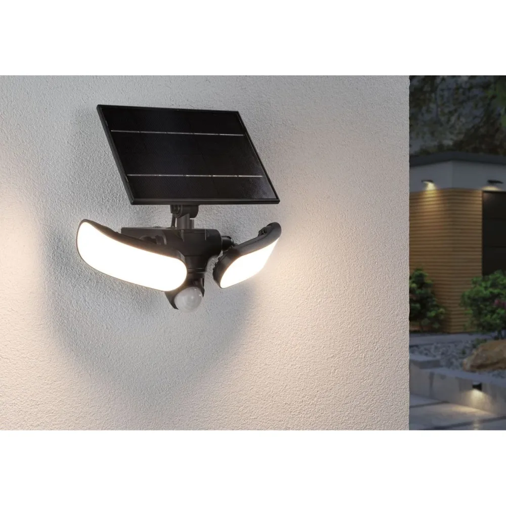 Aurinkokennoseinävalaisin Sonlig 286x137mm USB-ladattava hämäräohjattu liiketunnistin IR IP65 3000K 2x9W 2x1100lm antrasiitti*Paulmann Best