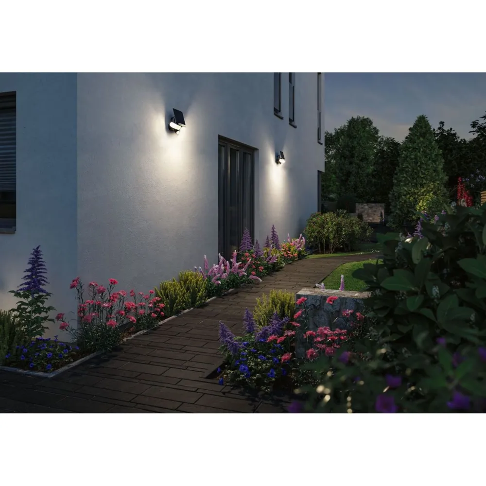 Aurinkokennoseinävalaisin Sonlig 286x137mm USB-ladattava hämäräohjattu liiketunnistin IR IP65 3000K 2x9W 2x1100lm antrasiitti*Paulmann Best
