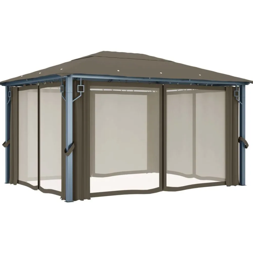Huvimaja verhoilla 400x300 cm harmaanruskea alumiini Paviljongit|Paviljongit