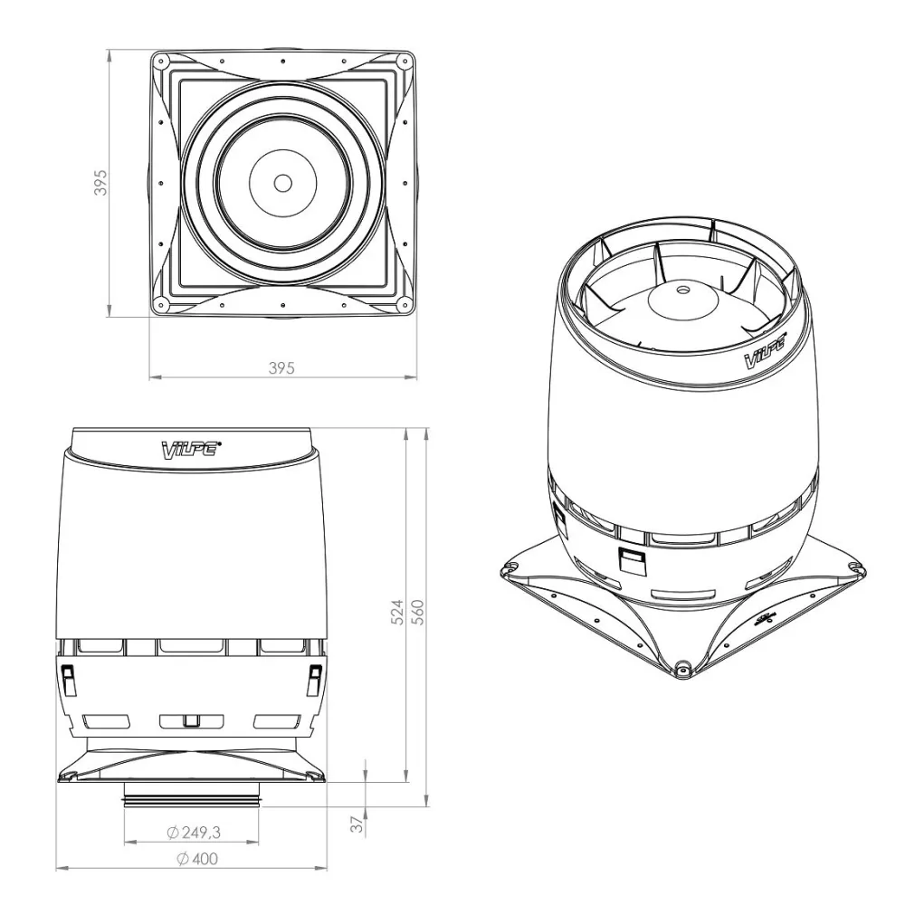 Ilmanvaihdon poisto 250S Flow + as.sarja, 400x400, eri värejä Ilmanvaihdon Poistoputket