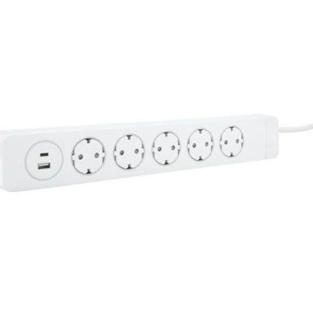 Jatkojohto 5+1+1 Kombi 2m 5-osainen + 1xUSB-A + 1xUSB-C valkoinen*Gelia