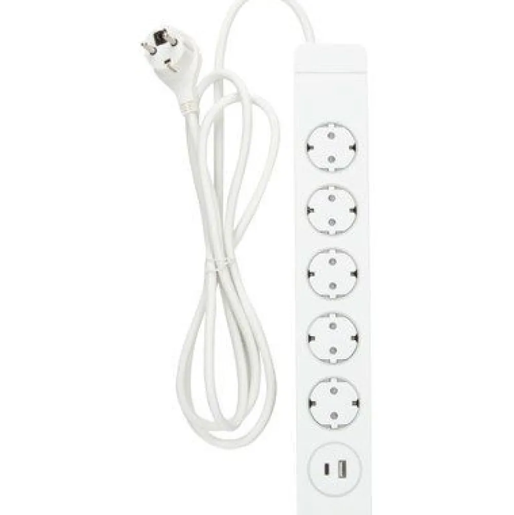 Jatkojohto 5+1+1 Kombi 2m 5-osainen + 1xUSB-A + 1xUSB-C valkoinen*Gelia