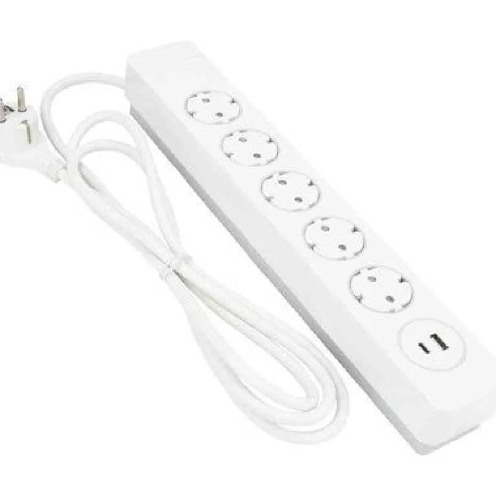 Jatkojohto 5+1+1 Kombi 2m 5-osainen + 1xUSB-A + 1xUSB-C valkoinen*Gelia