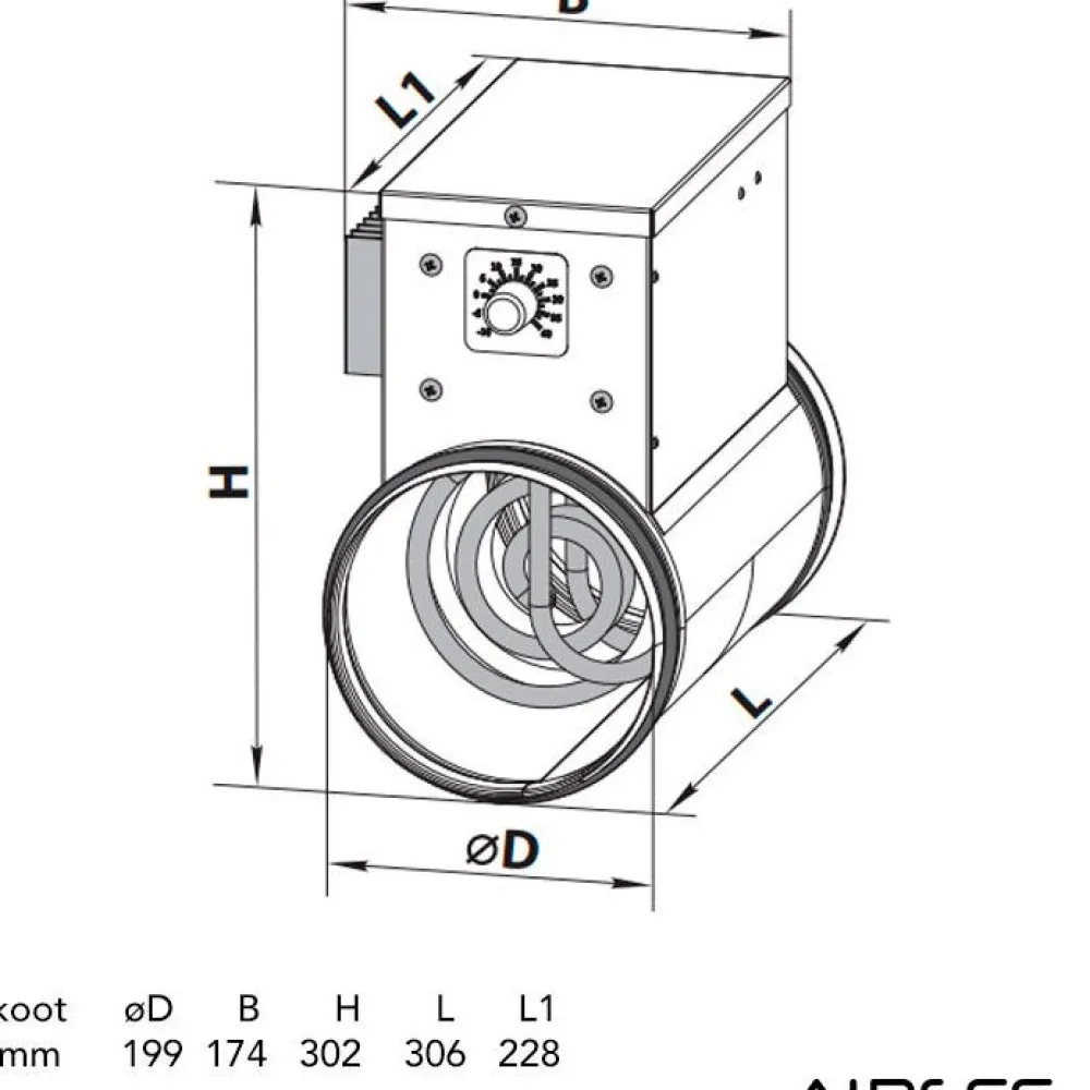 Kanavalämmitin NK 200-1.2-1 U, 200 mm/1.2 kW, integroitu termostaatti*Airsec