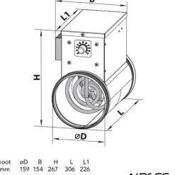 Kanavalämmitin NK 160-1.2-1 U, 160 mm/1.2 kW, integroitu termostaatti Ilmanvaihtokoneet, Lto