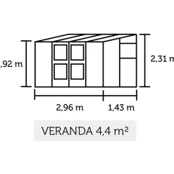 Kasvihuone Veranda 4,4m², antrasitmusta alumiinirunko, turvalasit, kennolevykatto*Juliana Clearance
