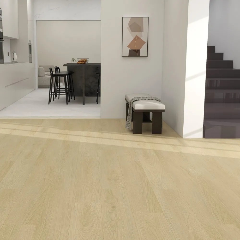 Kivikomposiittivinyylilankku Vellamon vaalea tammi, integroitu askeläänieriste*DomusFlooring Outlet