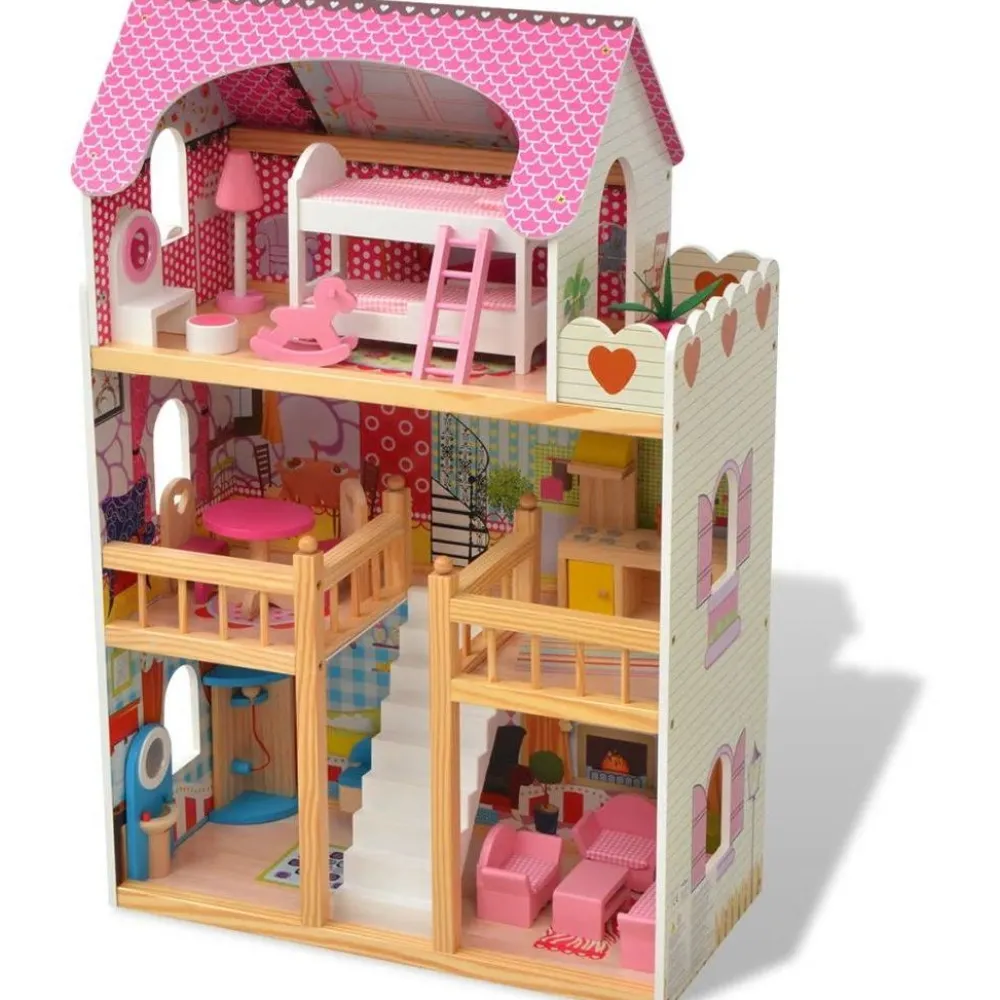 Kolmikerroksinen Nukkekoti Puu 60x30x90 cm*FinePRICE Online