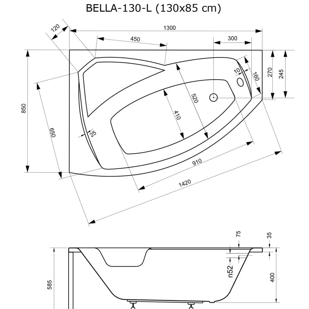 Kylpyamme Bella 130 1300 x 850 mm*Interia Outlet