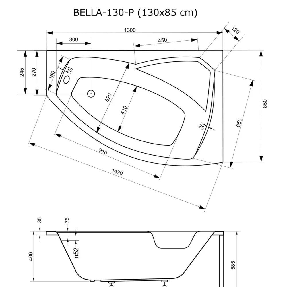 Kylpyamme Bella 130 1300 x 850 mm*Interia Outlet