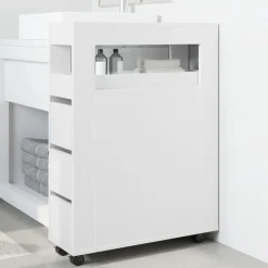 Clearance Kylpyhuoneen kaappi kapea pyörillä valkoinen tekninen puu (55268) Kylpyhuoneen Kaapit