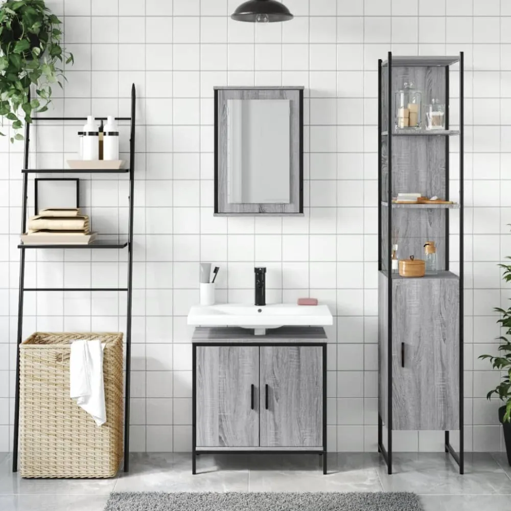 Kylpyhuoneryhmä 3-osainen, sis. allaskaappi + peilikaappi, harmaa Sonoma tekninen puu (14803)*FinePRICE Discount