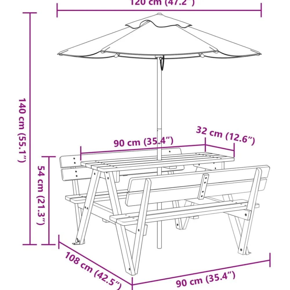 Lasten piknikpöytä 4 lapselle aurinkovarjolla täysi kuusi (81618)*FinePRICE Online