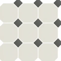 Discount Lattialaatta Natura Victoria, 8-kulmainen, matta, tasapintainen, 9.6x9.6cm, 4416OCT14/1C valkoinen/musta, lasikuituverkolla Pakkasenkestävät Laatat|Lattialaatat