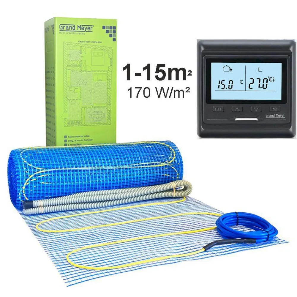 Lattialämmitysmatto 1 m², 170 W/m² + termostaatti HW800, eri kokoja*Grand Meyer Best