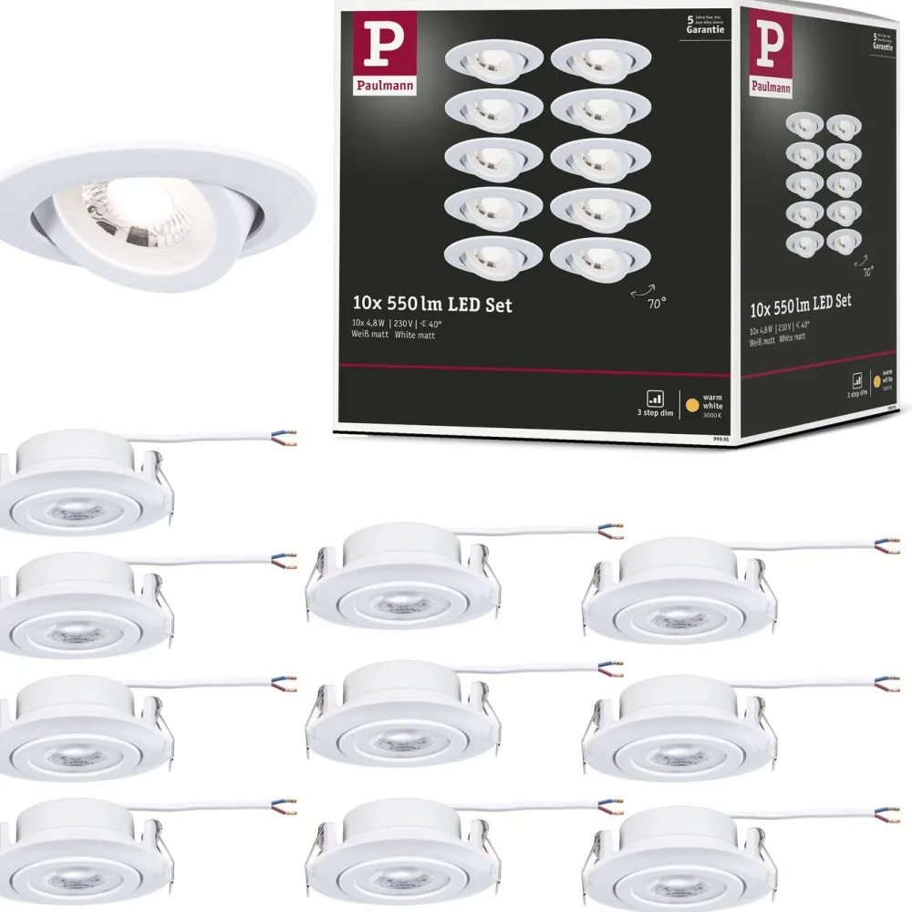 LED-alasvalo Ø82mm kääntyvä 70° 4.8W 10x450lm himmennettävä 3000K valkoinen, 10kpl/pkt*Paulmann Outlet
