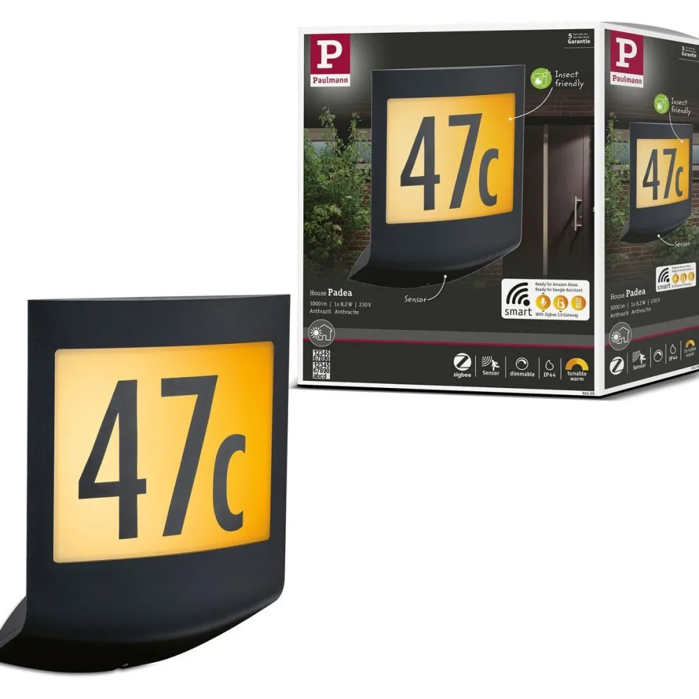 LED-numerovalaisin liike- ja hämärätunnistimella Padea, Smart Home Zigbee 3.0, IP44, antrasiitti*Paulmann Clearance