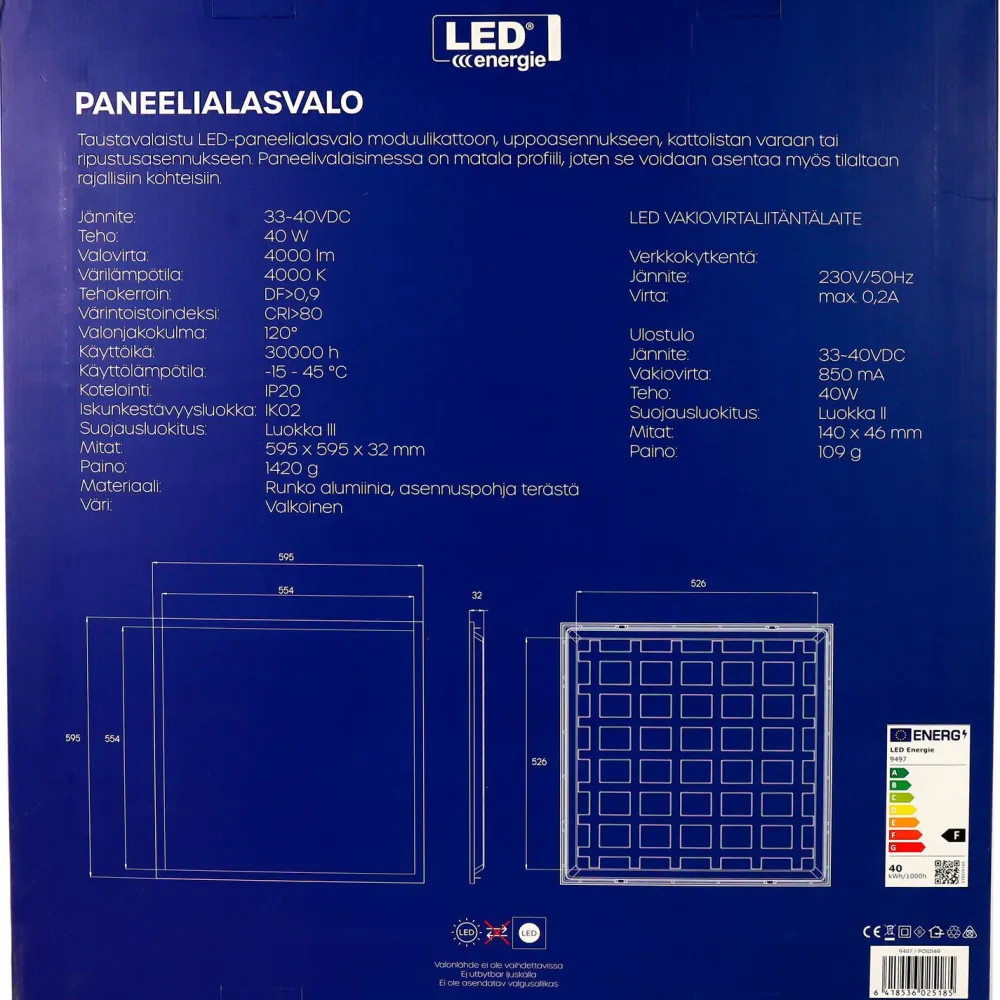 LED-paneeli , 60x60, 40W, 4000lm, 4000K, IP20, valkoinen*LED Energie Online