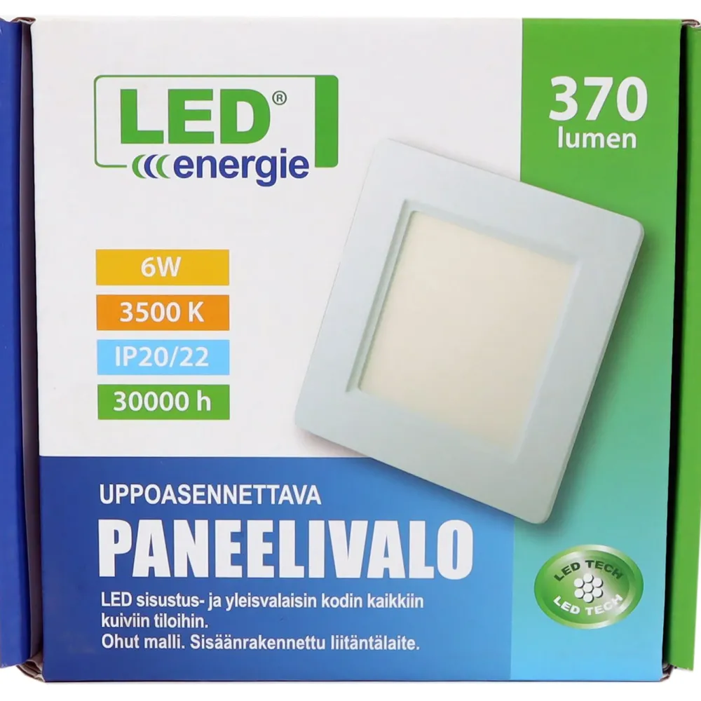 LED-paneelivalaisin , 6W, 370lm, 3500K, 120x120mm, neliö, sisäänrakennettu liitäntälaite*LED Energie Discount