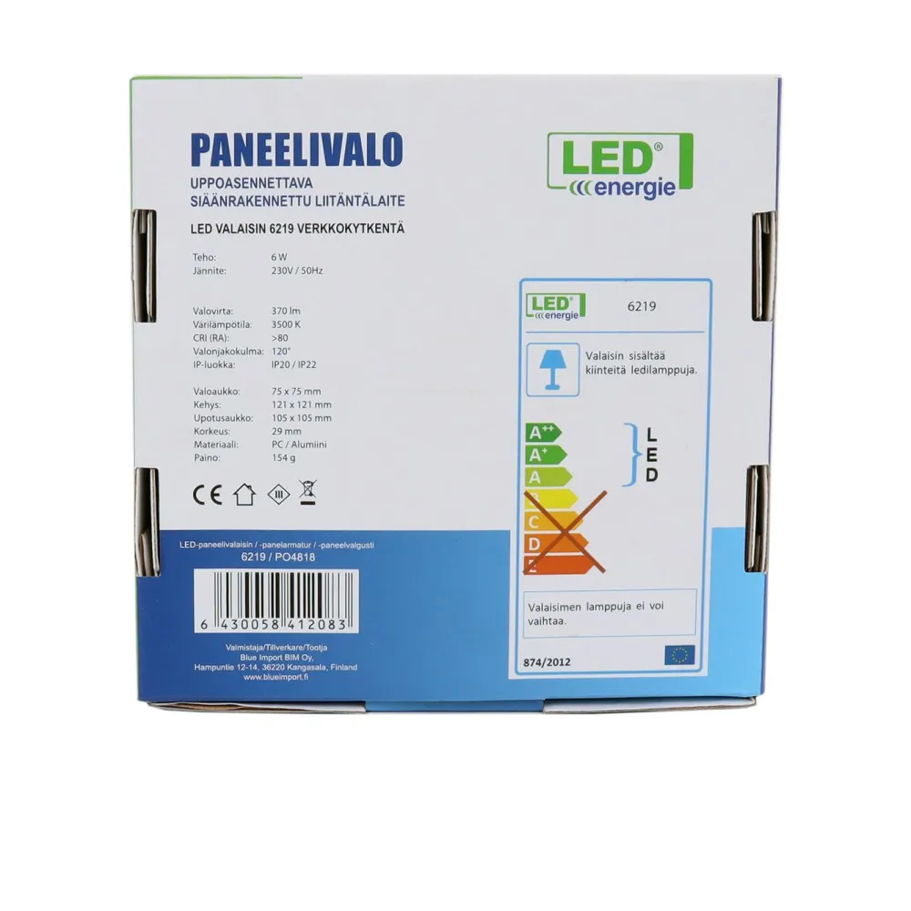 LED-paneelivalaisin , 6W, 370lm, 3500K, 120x120mm, neliö, sisäänrakennettu liitäntälaite*LED Energie Discount