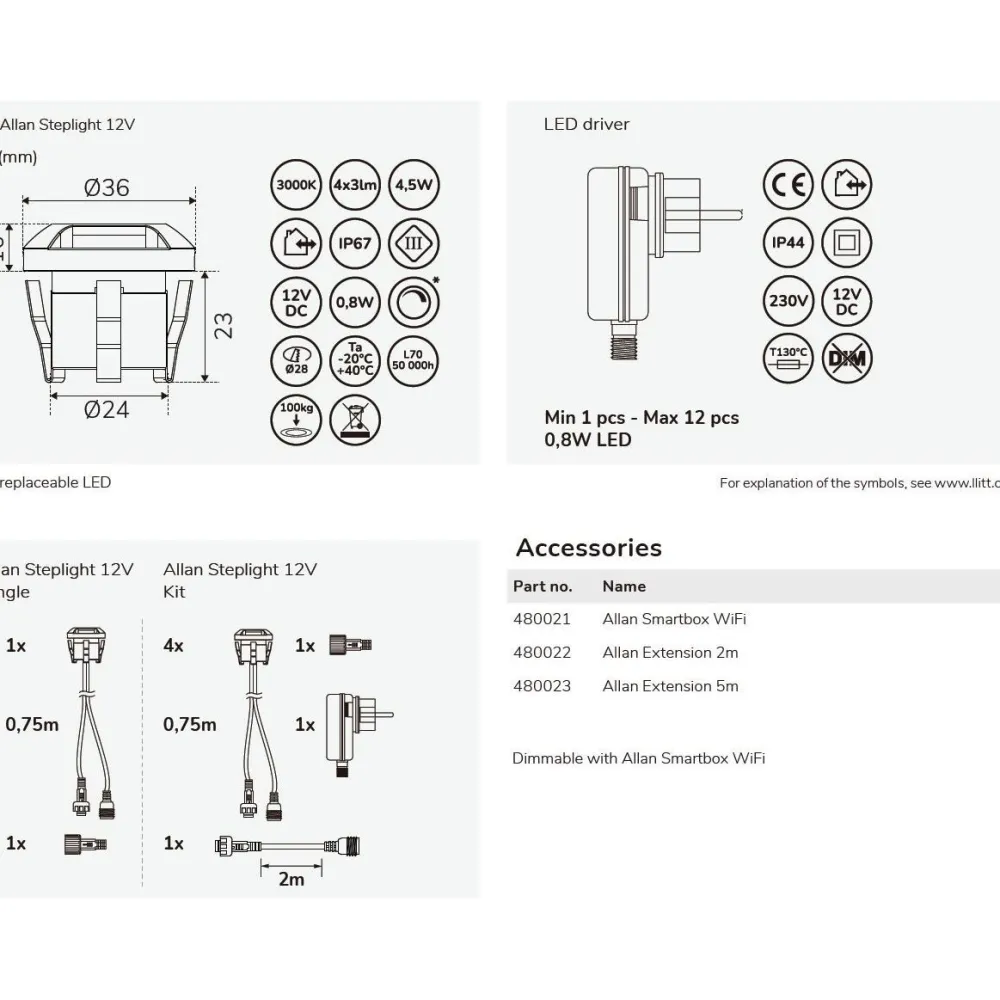 LED-porrasvalosarja Allan Steplight 4-osainen alumiini Terassivalot|Led-Ulkovalot