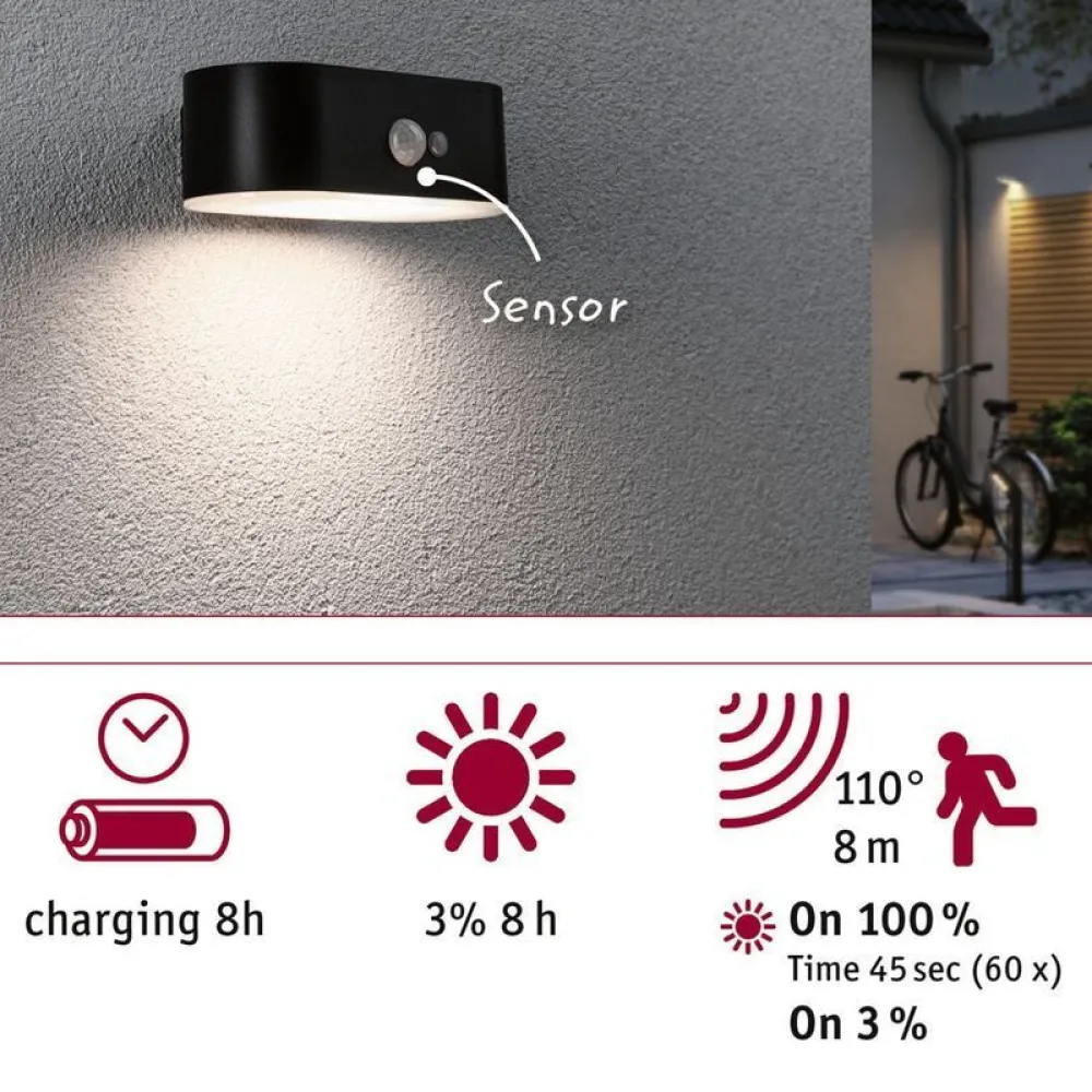 LED-ulkoseinävalaisin aurinkokennolla Adya, IP44, 3000K, liiketunnistin, musta*Paulmann Best