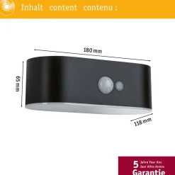 LED-ulkoseinävalaisin aurinkokennolla Adya, IP44, 3000K, liiketunnistin, musta*Paulmann Best