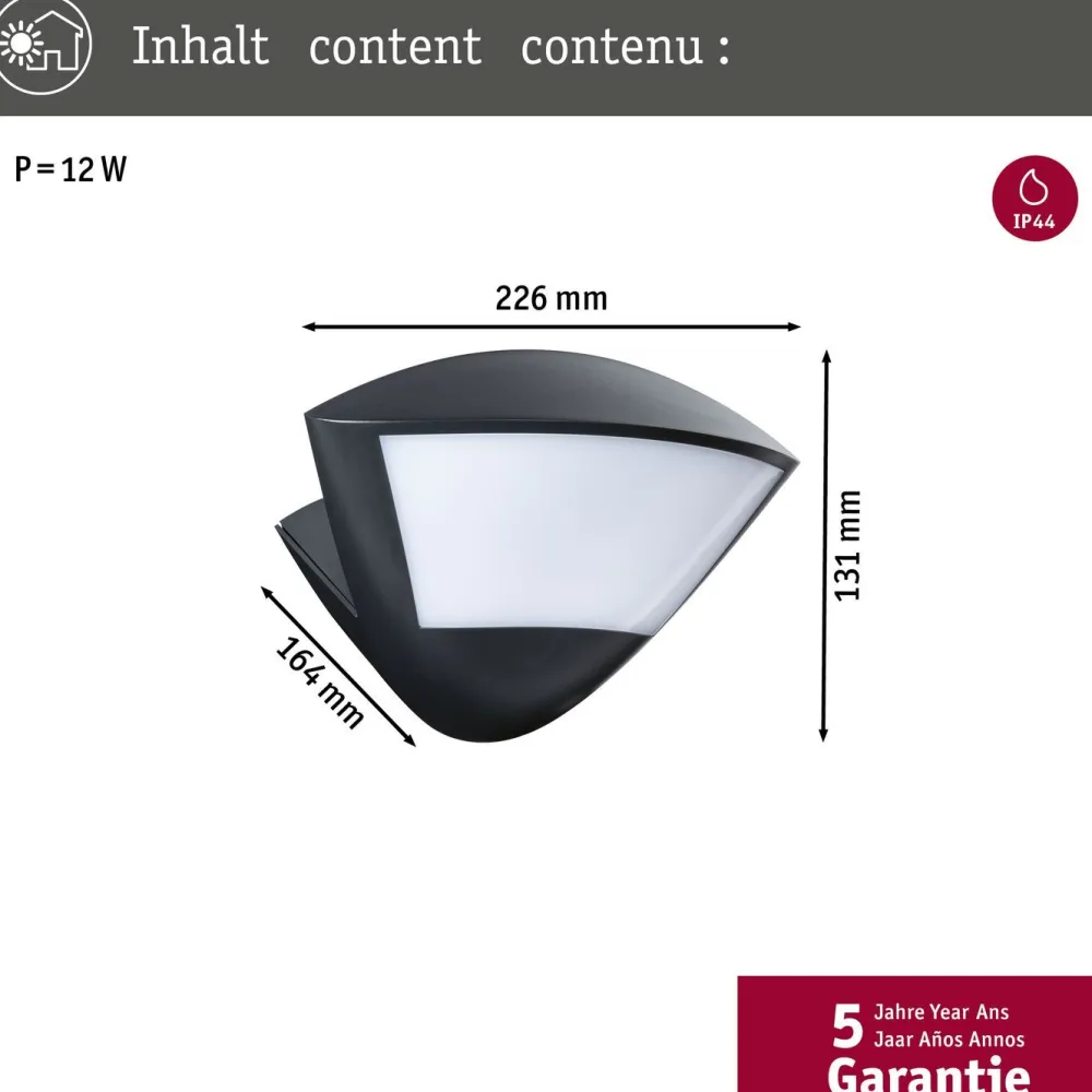 LED-ulkoseinävalaisin Skyla Smart Home Zigbee 3.0 226x164mm 2200K-3000K 10W 840lm hämäräohjattu liiketunnistin IR antrasiitti*Paulmann Sale