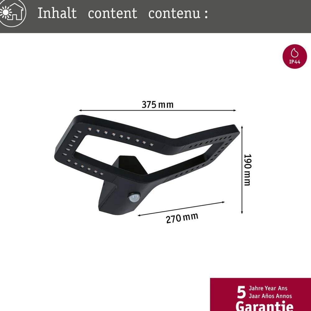 LED-ulkoseinävalaisin Alara 375x270mm 3000K 10W 450lm hämäräohjattu liiketunnistin IR antrasiitti*Paulmann Sale