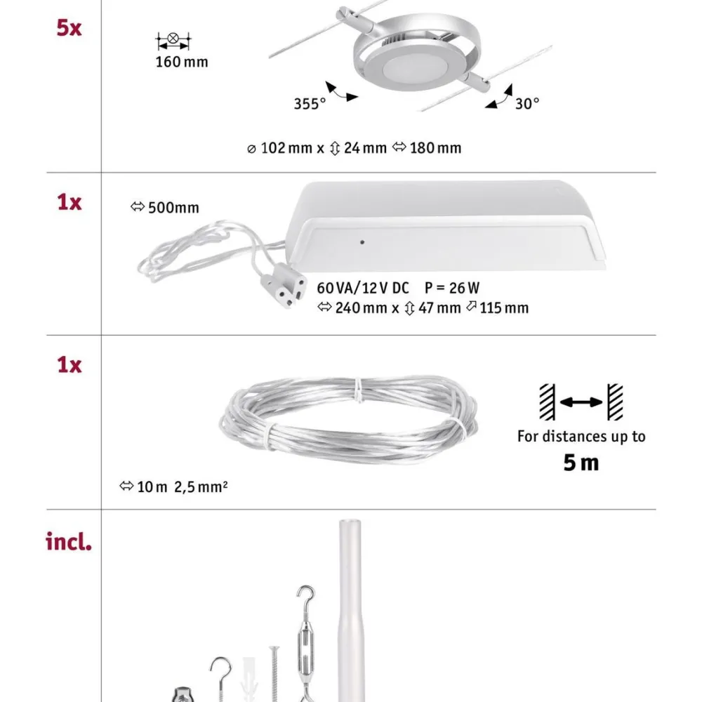 Clearance LED-Vaijerivalaisinsetti RoundMac 5 valaisinta + muuntaja + vaijeri eri värejä Vaijerivalaisimet