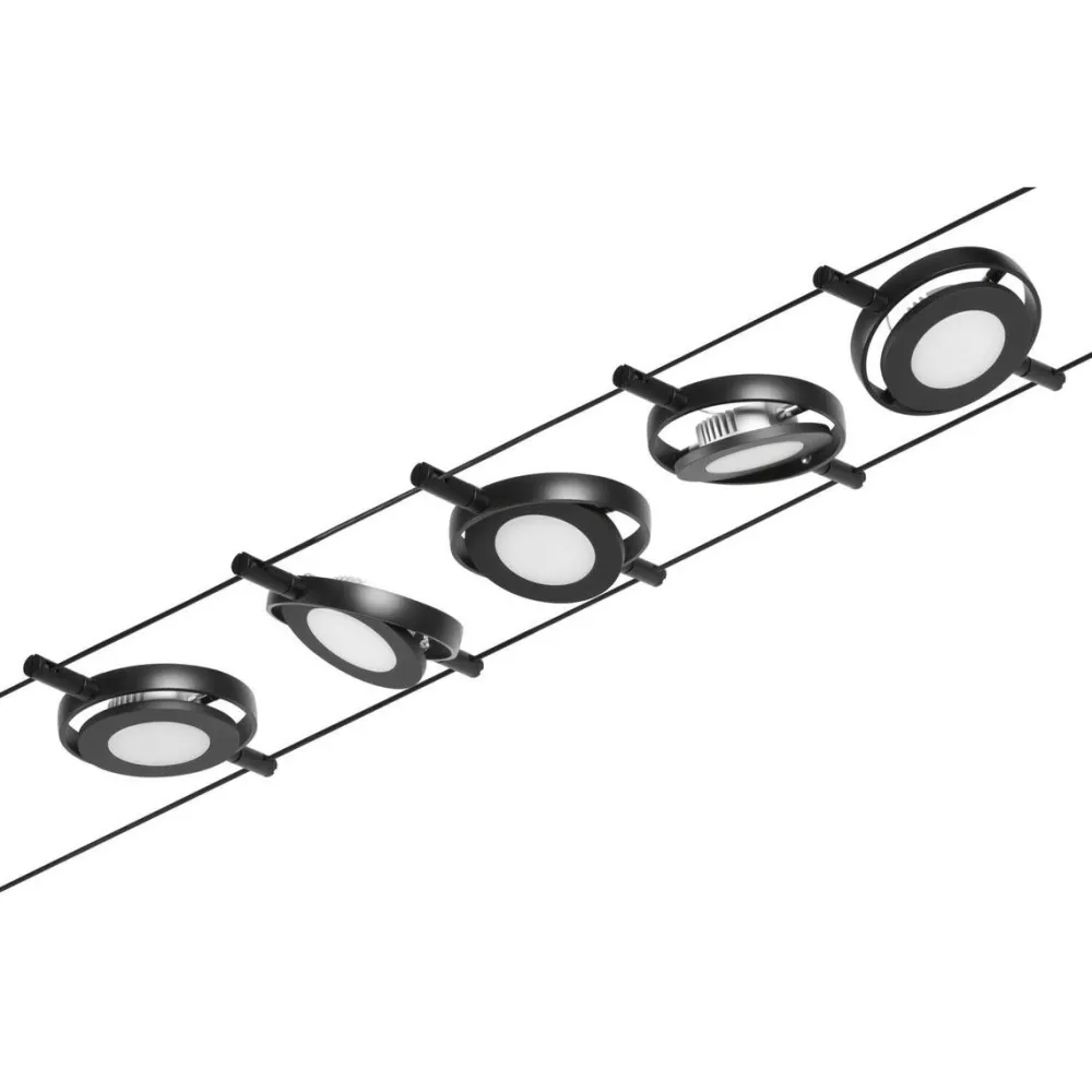 Clearance LED-Vaijerivalaisinsetti RoundMac 5 valaisinta + muuntaja + vaijeri eri värejä Vaijerivalaisimet
