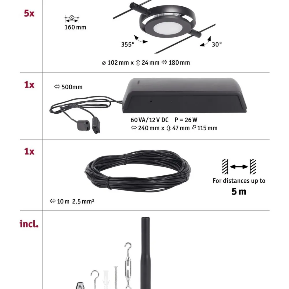Clearance LED-Vaijerivalaisinsetti RoundMac 5 valaisinta + muuntaja + vaijeri eri värejä Vaijerivalaisimet