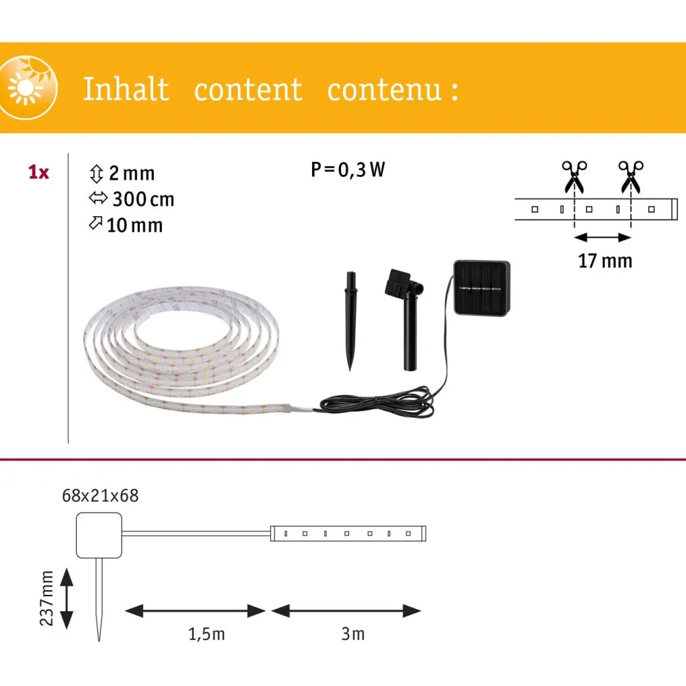 LED-valonauha aurinkokennolla , 3m, IP44, 0.3W, 16lm/m, 60LEDs/m, 2700K, hämärätunnistin Led-Nauhat