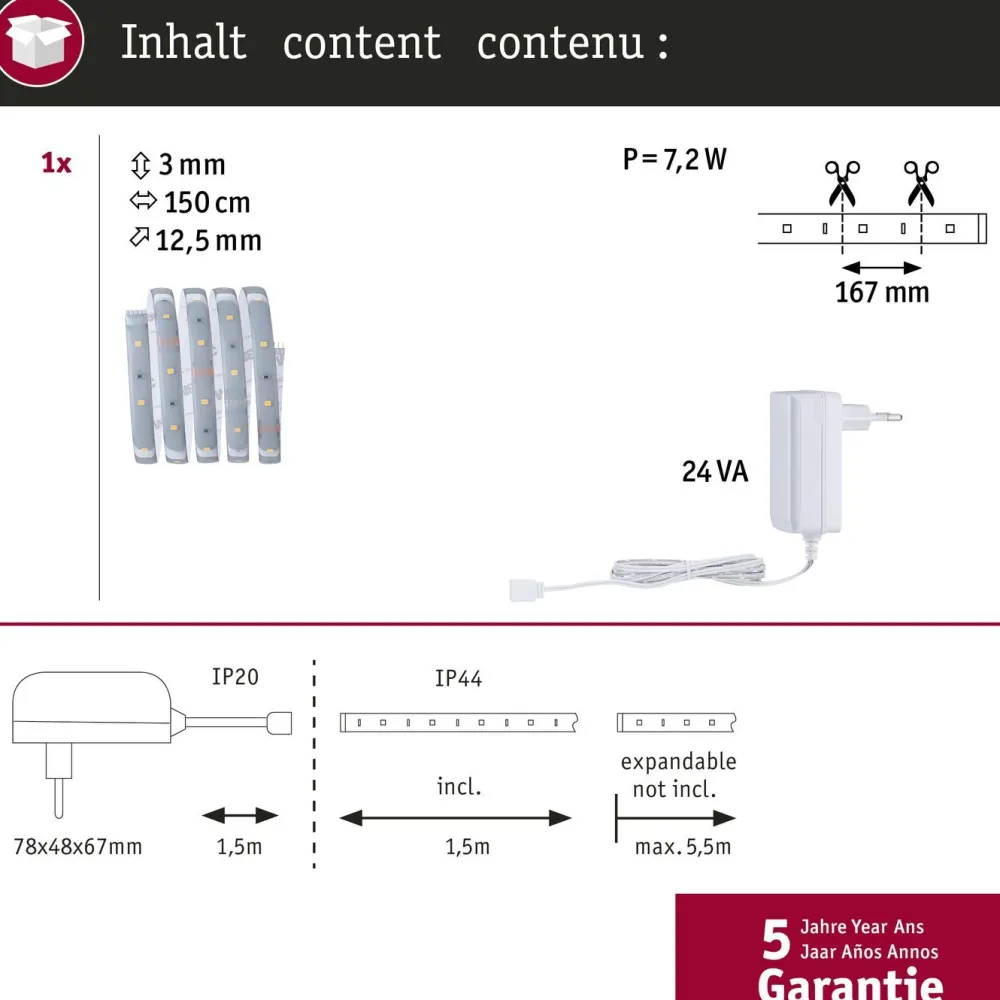 LED-valonauha MaxLED 250, aloituspakkaus, IP44, 240lm/m, 2700K, 24VA, eri kokoja*Paulmann Outlet