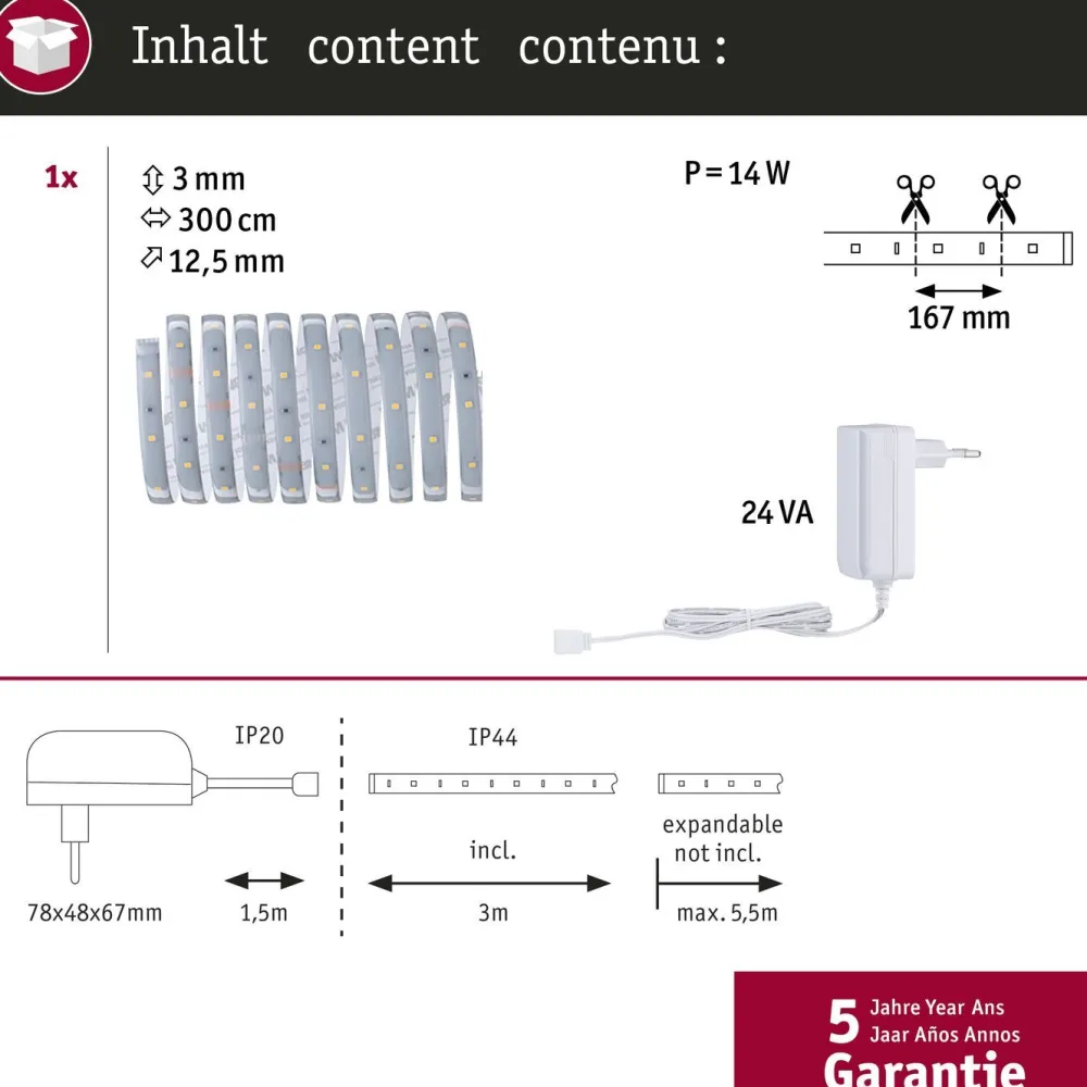 LED-valonauha MaxLED 250, aloituspakkaus, IP44, 240lm/m, 2700K, 24VA, eri kokoja*Paulmann Outlet