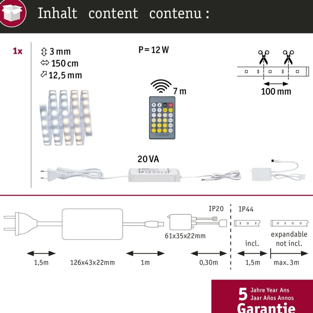 LED-valonauha MaxLED 500, aloituspakkaus, 1.5m, IP44, 10W, 470lm/m, 20VA, säädettävä värilämpötila*Paulmann Outlet
