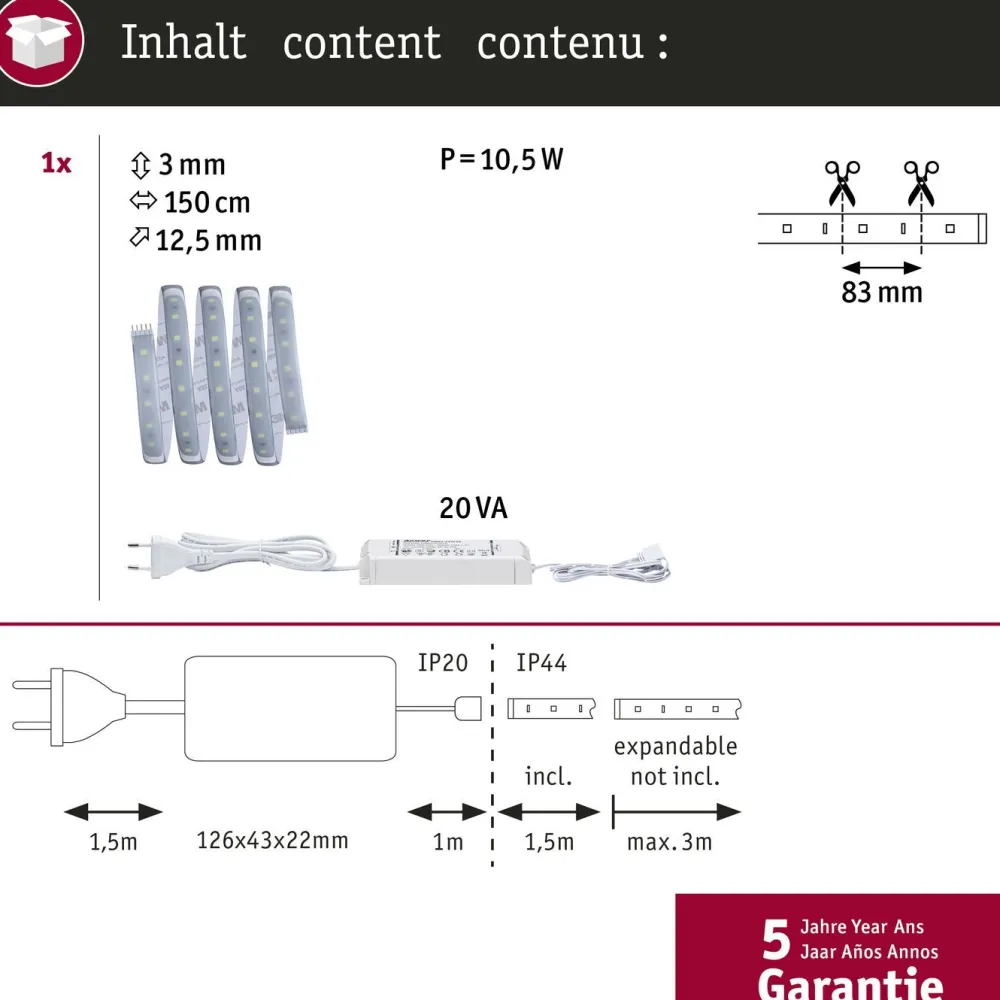LED-valonauha MaxLED 500, aloituspakkaus, 1.5m, IP44, 9W, 440lm/m, 6500K, 20VA*Paulmann Discount