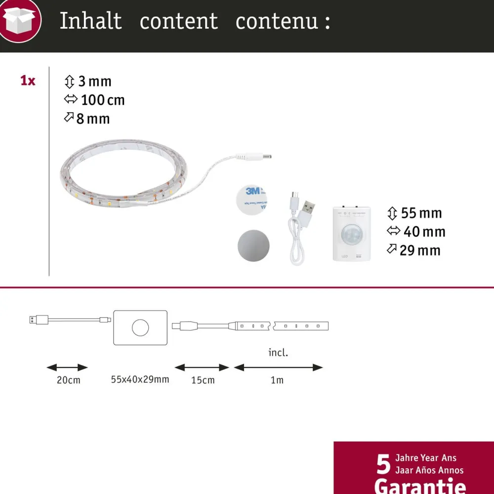 LED-valonauha , paristokäyttöinen, 1m, 1.4W, 140lm/m, 3000K, liiketunnistin Led-Nauhat