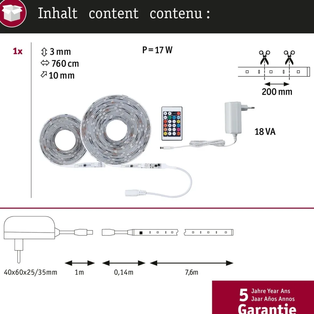 LED-valonauha SimpLED, 7.6m, 15W, 65lm/m, RGB, 18VA*Paulmann Sale