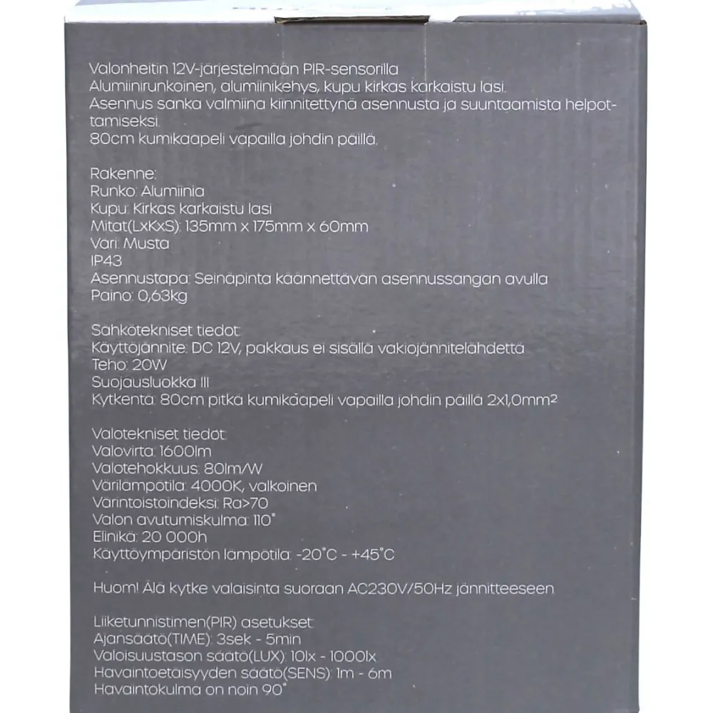 LED-valonheitin 20 W 12 V 1600 lm 4000 K IP43 0,8 m kumikaapeli PIR-sensori Valonheittimet