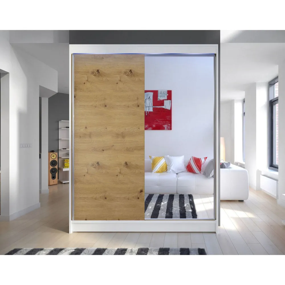 Clearance Liukuovivaatekaappi CAMINO I, LED-valaistuksella, peilillä, 150x200cm Liukuovikaapit