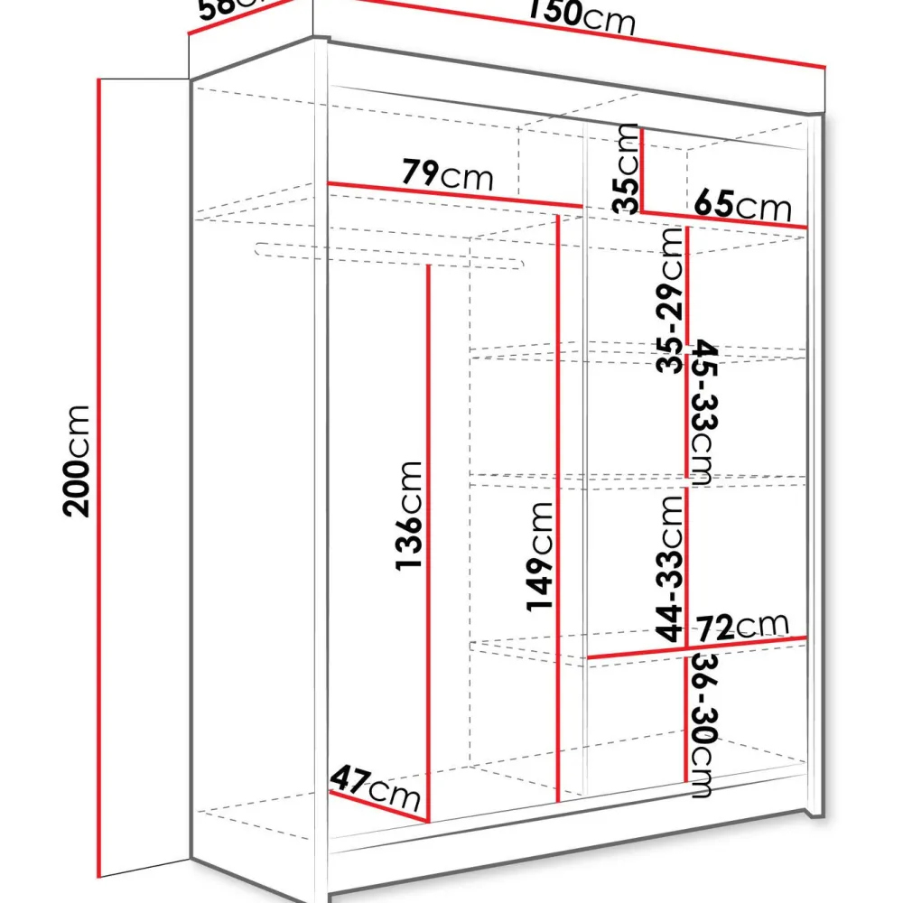 Clearance Liukuovivaatekaappi CAMINO I, LED-valaistuksella, peilillä, 150x200cm Liukuovikaapit