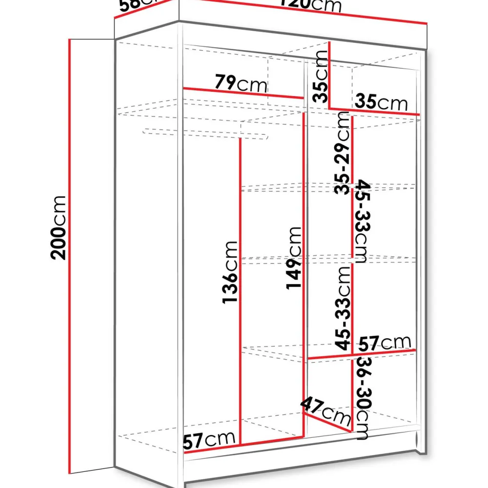 Liukuovivaatekaappi MIAMI / ALDO V, LED-valaistuksella, peilillä, 120x200cm*Nomla