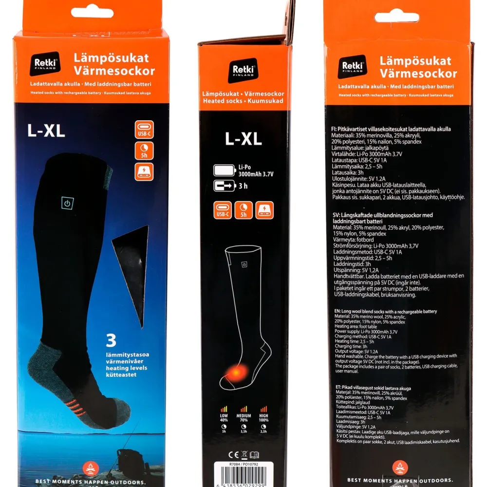 Lämpösukat , akulla, 3000mAh, L/XL*Retki Outlet