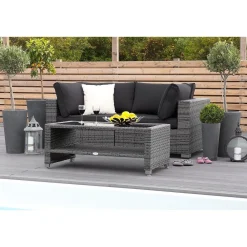 Oleskeluryhmä Bahamas 2-istuttava sohva + sohvapöytä hyllyllä tummanharmaa/musta*Comfort Garden Sale