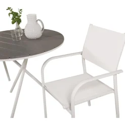 Parvekeryhmä , ø90cm harmaa-valkoinen Parma-pöytä + 2 valkoista, pinottavaa Santorini-tuolia*Venture Home New