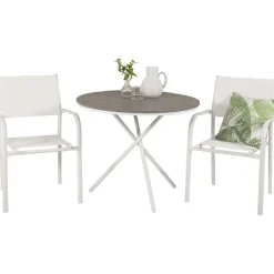 Parvekeryhmä , ø90cm harmaa-valkoinen Parma-pöytä + 2 valkoista, pinottavaa Santorini-tuolia*Venture Home New