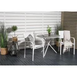 Parvekeryhmä , ø90cm harmaa-valkoinen Parma-pöytä + 2 valkoista, pinottavaa Santorini-tuolia*Venture Home New