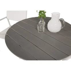 Parvekeryhmä , ø90cm harmaa-valkoinen Parma-pöytä + 2 valkoista, pinottavaa Santorini-tuolia*Venture Home New